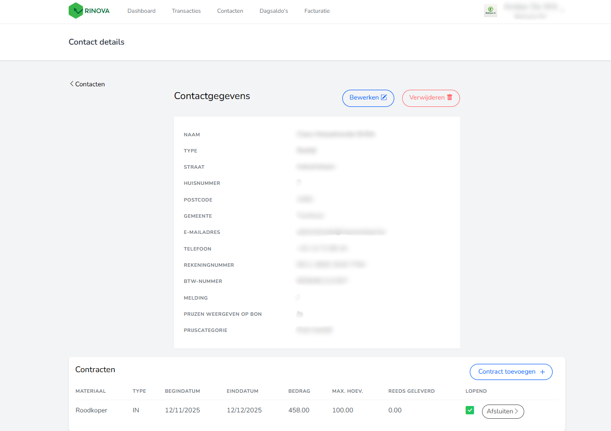 Contact details bij de applicatie Rinova.