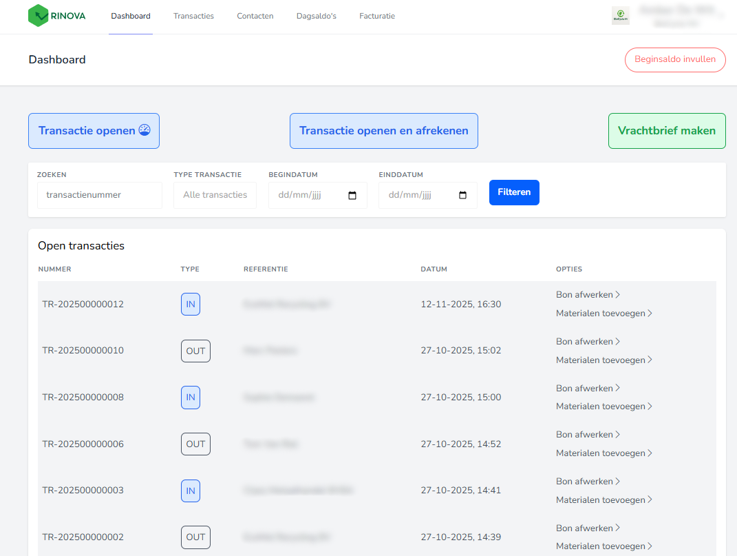 Dashboard in de applicatie Rinova.