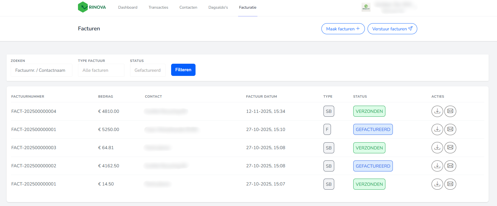 Facturen in de applicatie Rinova.
