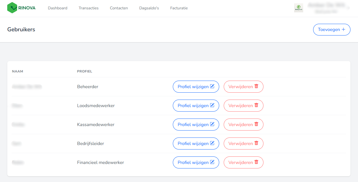 Gebruikers in de applicatie Rinova.
