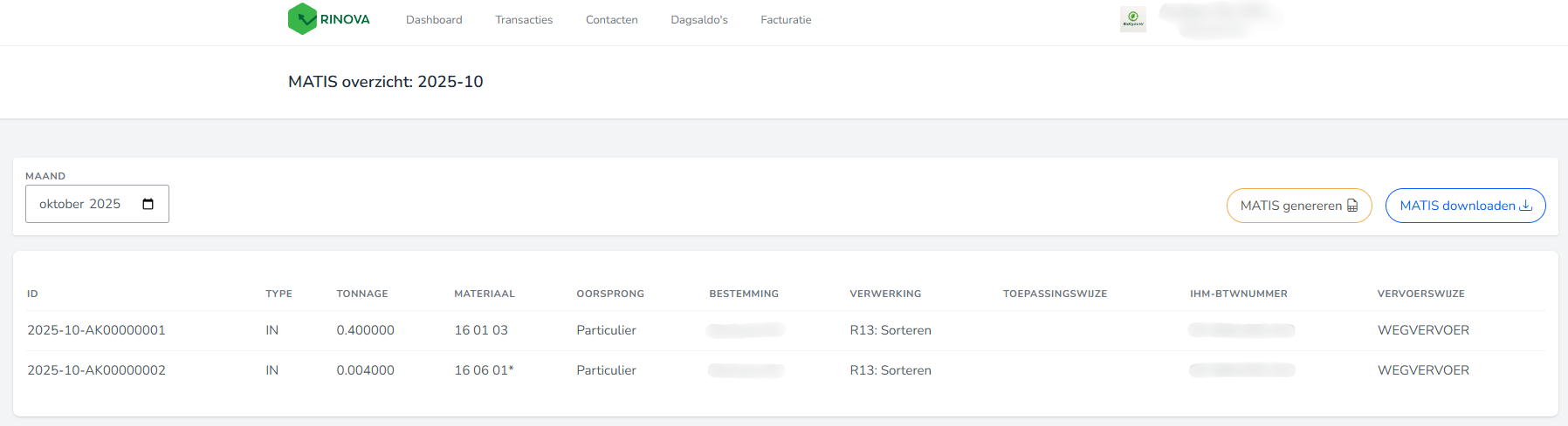 MATIS-lijst in de applicatie Rinova.