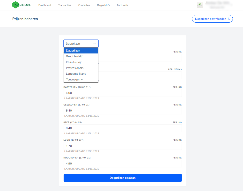 Materiaalprijzen in de applicatie Rinova.