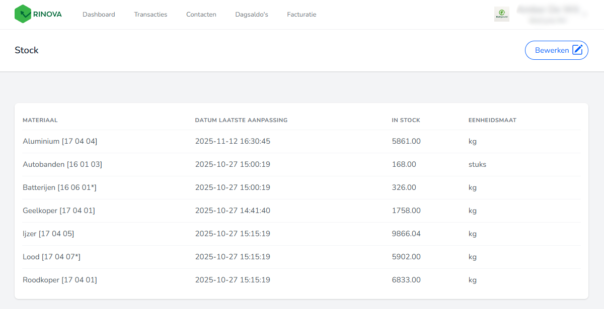 Stock in de applicatie Rinova.