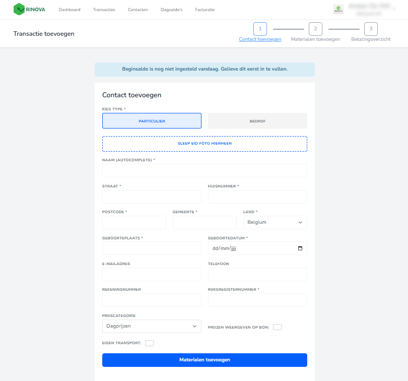 Transacties in de applicatie Rinova.